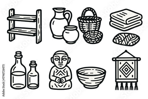 Artisan Rustic Display. Rustic display outline set. wooden rack, pottery set, woven goods, folded fabric, glassware, carved figurine, handmade bowl, artisan decor.