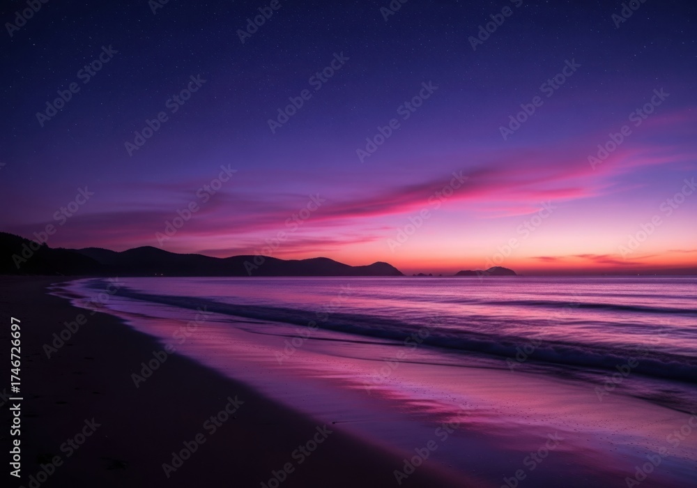 Fototapeta premium Vibrant purple and pink sunset over a serene ocean beach landscape illustration