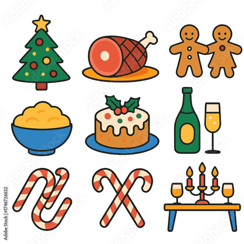 Festive Holiday Feast Icons. Holiday Feast flat icon set. decorated tree, roast ham, gingerbread cookies, champagne bottle, mashed potatoes, festive cake, candy canes, family table