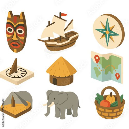Cultural Equator Icons. Cultural equator isometric set. tribal mask, sailing ship, compass rose, trade route map, ancient sun dial, local hut, wildlife animal, market basket.
