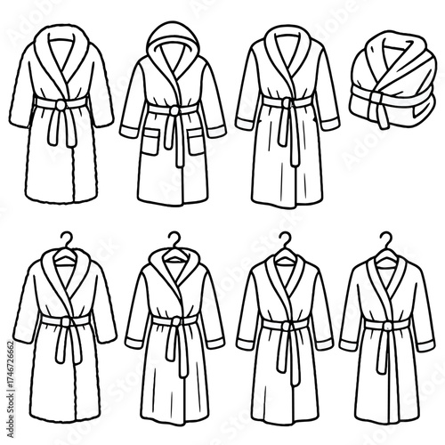Cozy Robe Icons. Cozy robe outline set. fluffy robe, robe with belt, hooded robe, long sleeves, robe with pockets, folded robe, robe on hanger, soft drape.
