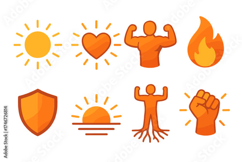 Isometric Strength Icons. Strength within isometric set. glowing center, heart with rays, strong posture, rising flame, shielded icon, sun horizon, rooted figure, fist with glow.