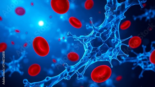 Microscopic View of Blue-Toned Blood Cells and Neurons in High Detail