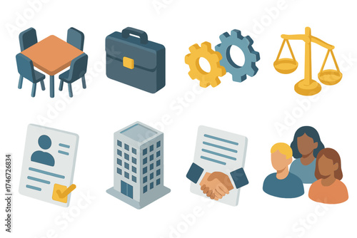Equity Icons Set. Workplace Equity isometric set. meeting table, briefcase, teamwork gears, fairness scale, job application form, office building, agreement paper, diversity icon.
