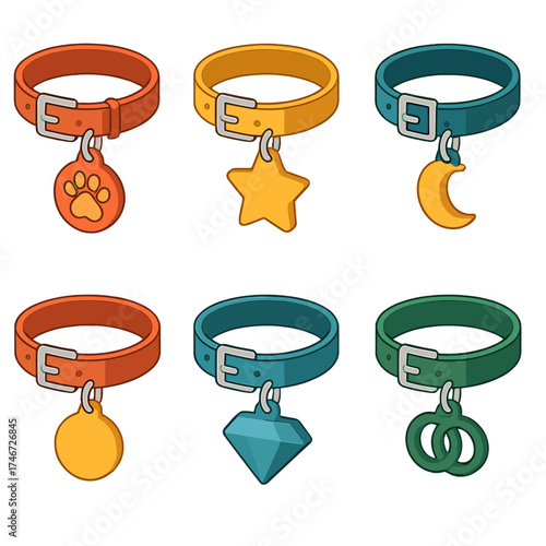 Symbolic Collar Icons. Symbolic collars isometric set. paw tag collar, star tag collar, bone tag collar, moon tag collar, circle tag collar, diamond tag collar, engraved name