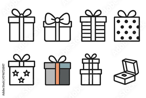 Variety of Gift Icons. Festive gifts outline set. ribbon box, bow-tied box, striped gift, dotted gift, star-pattern gift, colorful wrapped gift, stacked presents, tiny jewelry box.