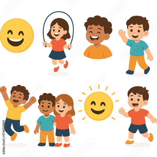 Playful Youth Icons. Cheerful youth isometric set. grinning face, child skipping rope, joyful expression, child waving, bouncing figure, happy group of kids, glowing smile, playful