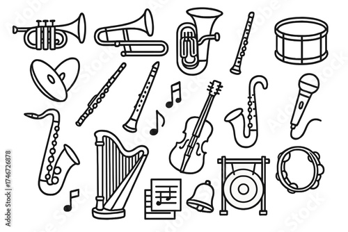 Musical Instruments Outline. Musical set outline set. trumpet, trombone, tuba, drum, cymbals, flute, clarinet, saxophone, violin, guitar, microphone, music note, sheet music, harp