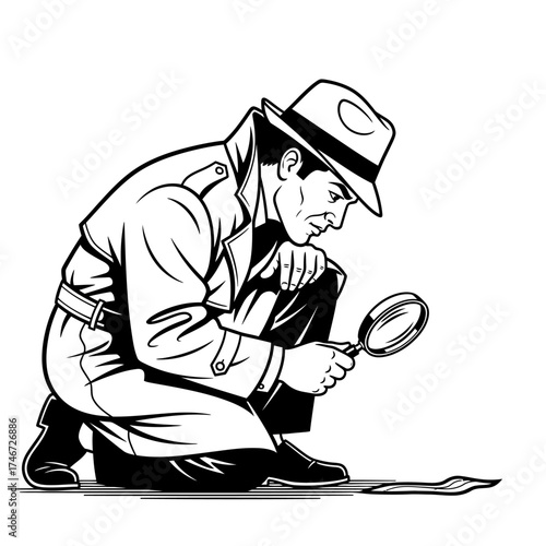 Detective Inspecting Clues with Magnifying Glass.