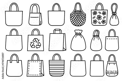Variety of Eco-Friendly Bags. Reusable bags outline set. tote bag, folded bag, canvas bag, string bag, mesh bag, patterned bag, plain bag, recycled bag, paper bag, cloth sack