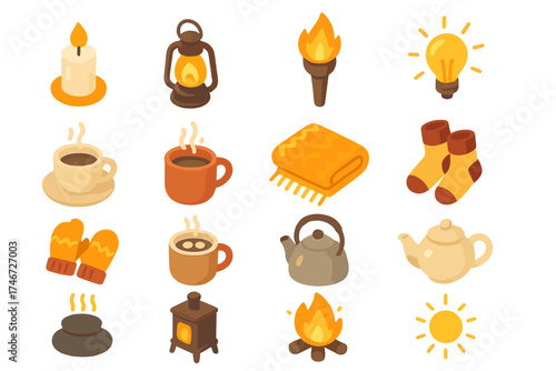 Cozy Warmth Icons. Warmth icons isometric set. candle, lantern, torch, glowing lamp, tea cup, steaming mug, wool blanket, knit socks, mittens, hot cocoa, kettle, teapot, heated