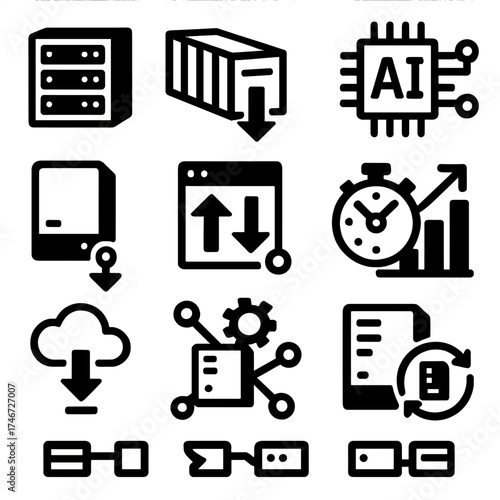 Brutalist Edge Computing Icons. Edge Node Computing silhouette set. mini data center, container on edge, microserver, AI chip node, edge storage, edge caching icon, low-latency