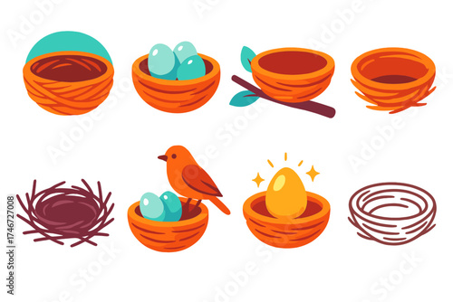 Minimal Bird Nests. Bird nest flat icon set. woven nest, nest with eggs, nest on branch, empty nest, small twigs nest, bird perched on nest, glowing egg nest, detailed outline.