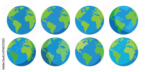 Eight stylized oval earth globes with continents in blue and green against a white background