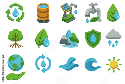 Sustainability Icons Collection. Sustainability isometric set. recycling water arrows, rain barrel, solar pump, eco faucet, tree with roots, leaf with droplet, protected spring