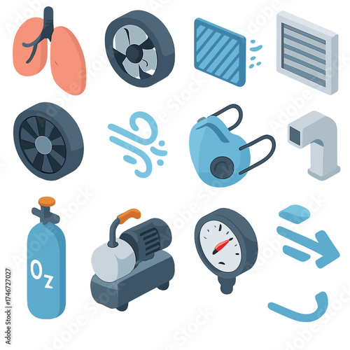 Air Intake Icons. Air intake isometric set. lungs, fan blades, air filter, vent, turbine, wind swirl, mask, pipe, oxygen tank, compressor, gauge, arrow flow symbol.