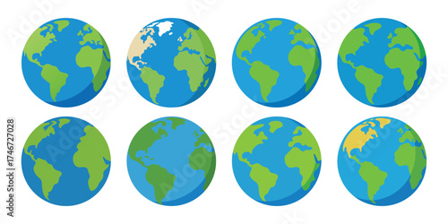Multiple earth globes showing different continents and oceans from various angles