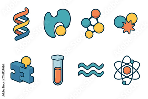 Isometric Enzyme Icons. Enzyme isometric set. spiral protein, binding site, clustered molecules, reaction spark, puzzle molecule, lab test tube, wave pattern, atom orbit.