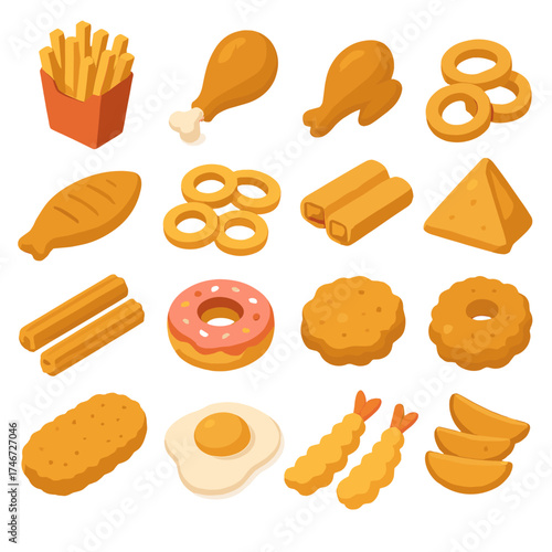 Assorted Fried Delicacies. Food icons isometric set. french fries, fried chicken drumstick, fried chicken wing, onion rings, mozzarella sticks, fried fish, calamari rings, spring