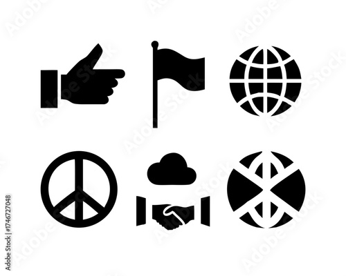 Six black icons representing peace, agreement, and global connection concept