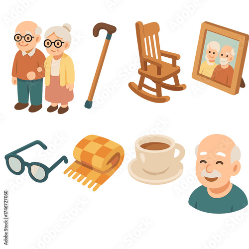 Elderly Life Icon Set. Life icons isometric set. elder couple, walking cane, rocking chair, family photo, reading glasses, warm blanket, tea cup, smiling elder.