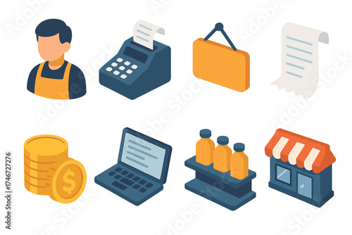 Modern Shop Icons. Independent owner isometric set. shopkeeper figure, cash till, shop signboard, invoice paper, money coin stack, laptop work, product display, storefront icon.