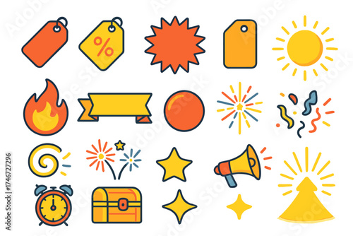 Vibrant Promotional Elements. Promotion extras flat icon set. sale tag, percentage tag, discount starburst, clearance tag, hot deal badge, ribbon banner, urgent badge, glowing