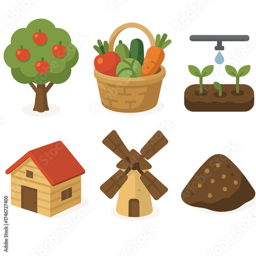 Modern Farm Icon Set. Sustainable farm isometric set. orchard tree, vegetable basket, irrigation line, farmhouse, windmill, fertile soil