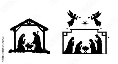 Christmas scene. Vector silhouette of traditional Christian symbols of the holy night. Family holidays. Sacred elements for holiday cards.