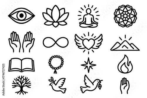 Spiritual Symbols Array. Spiritual Awakening outline set. third eye, lotus flower, meditating figure, radiant light, mandala, open palms, infinity loop, angel wings, glowing heart