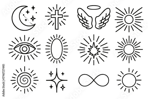 Cosmic Spiritual Symbols. Spiritual imagery outline set. crescent moon, starry sky, shining cross, halo, angel wings, cosmic eye, radiant aura, sacred flame, aura burst, celestial