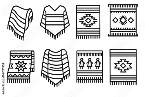 Cultural Blanket Icons. Cultural blankets outline set. serape draped blanket, poncho-style blanket, festival blanket, market blanket, heritage woven blanket, artisan blanket