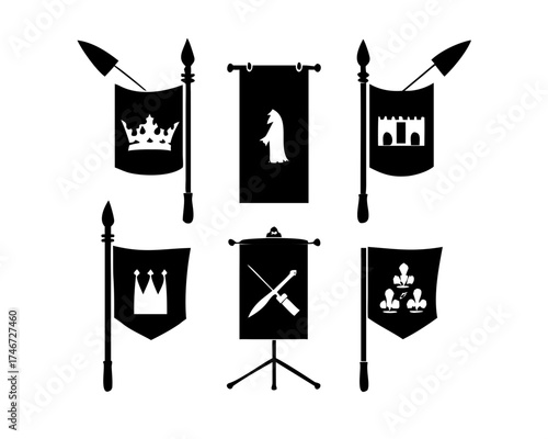 Medieval banners icon with castle and crown