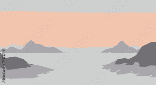 Mountain Horizon Abstract: A minimalist art piece showcases the quiet serenity of a mountain range against the soft gradient of a pastel sky. Serene, simple and tranquil