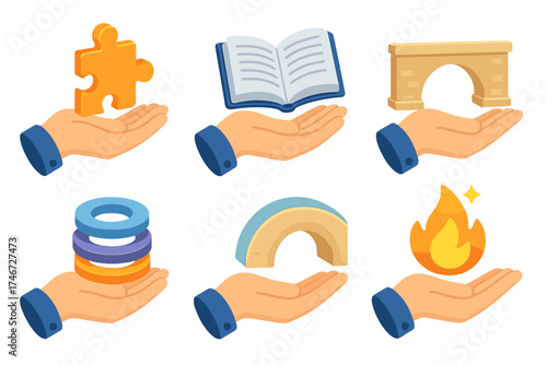 Isometric Support Icons. Support hand isometric set. extended hand, puzzle piece, open book, bridge arch, layered rings, glowing flame