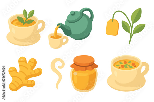 Isometric Tea Icon Set. Soothing brew isometric set. teacup with herbs, teapot pouring, tea bag tag, leafy sprig, ginger root, steam swirl, honey jar, herbal blend cup.