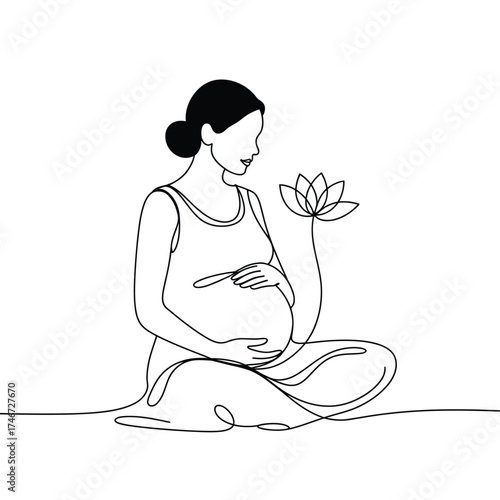 Pregnant woman meditating holding a lotus flower in line art style