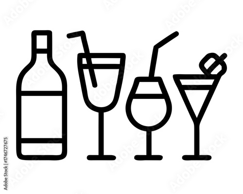 Line art illustration of a bottle and various cocktail glasses