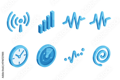 Isometric Frequency Icons. Frequency isometric set. radio waves, signal bars, sound wave, heartbeat line, clock, radar, pulse dots, spiral.