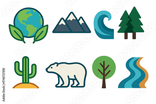 Vibrant Biosphere Icons. Earth Biosphere flat icon set. globe with leaves, mountain range, ocean wave, forest, desert cactus, polar bear, tree, river.