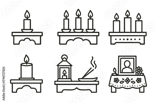 Classic Black Altar Icons. Classic altars outline set. single candle altar, triple candle altar, row of candles altar, large pillar candle altar, lantern altar, incense with candle