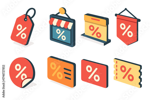 Modern Discount Icons. Store discounts isometric set. hanging tag, shop window sign, shelf label, banner sign, red tag, folded corner sticker, digital discount card, coupon sign.