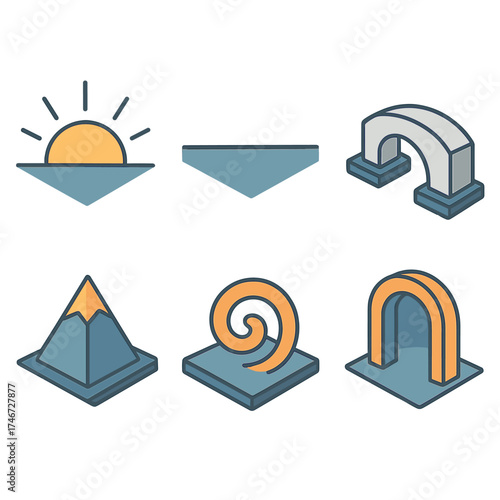 Isometric Threshold Icons. Abstract threshold isometric set. sunrise, horizon line, bridge, mountain peak, spiral, portal.