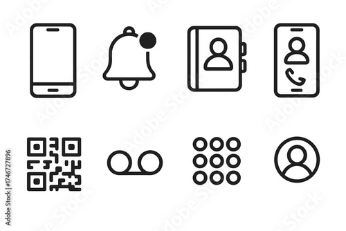 Smartphone Icon Set. Mobile Caller ID outline set. smartphone, notification bell, contact book, incoming call screen, QR code, voicemail icon, keypad, profile avatar.