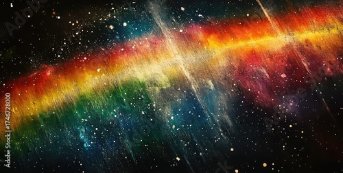 A close-up of the edge of a rainbow in space, in the style of film noir, with a grainy texture, dust and scratches, vibrant colours, and white streaks.
