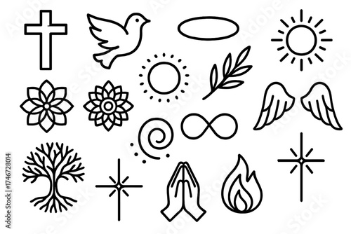 Sacred Symbolic Designs. Sacred symbols outline set. cross, dove, halo, radiant sun, mandala, sacred circle, aura glow, olive branch, angel wings, tree of life, infinity loop