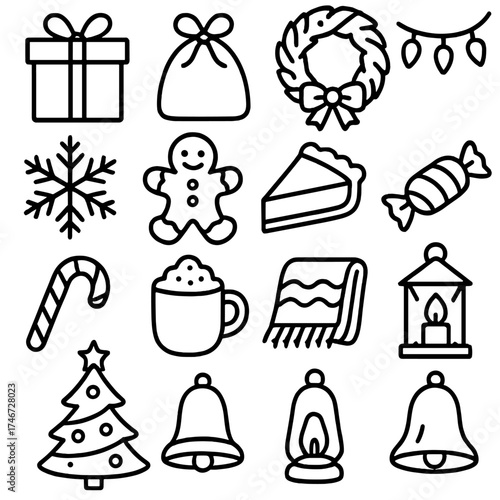 Holiday Festive Ensemble. Gift and joy outline set. wrapped present, ribbon, bow, festive box, gift bag, wreath, garland, snowflake, festive cookie, pie slice, sweet treat, candy
