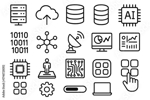 Digital Network Icons. Digital Infrastructure outline set. server, cloud, database, AI chip, binary code, network nodes, satellite dish, dashboard, microchip, hologram, circuit