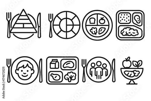 Nutrition Guide Icons. Teaching outline icons. food pyramid plate, colorful nutrition wheel, portion guide plate, meal prep plate, kid-friendly plate, school lunch plate, family