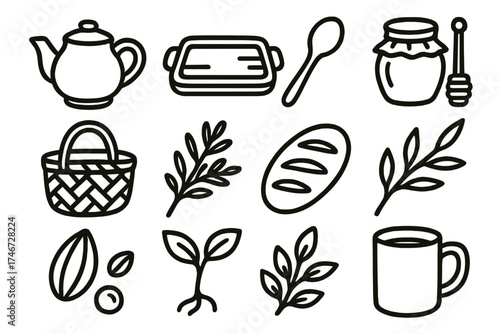 Rustic Tea Spread Icons. Rustic tea offering outline set. clay pot, wooden tray, spoon, honey dipper, jar, basket, herb sprig, bread loaf, branch, seed, sprout, mug.